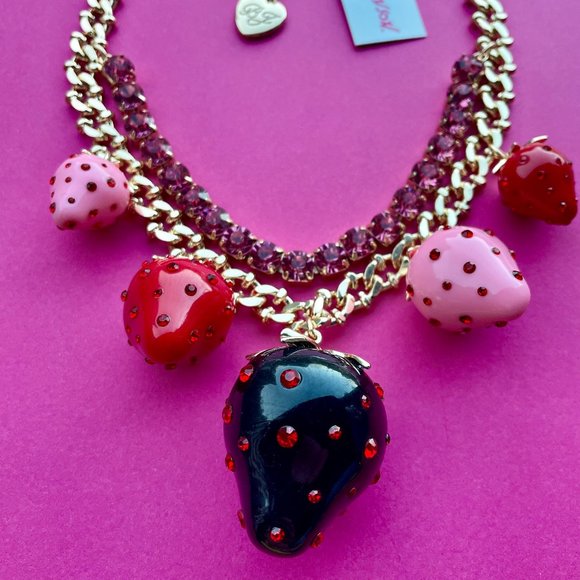 NWT Betsey Johnson Strawberry Necklace- Gold with Black, Red & Pink Strawberries - Picture 3 of 10
